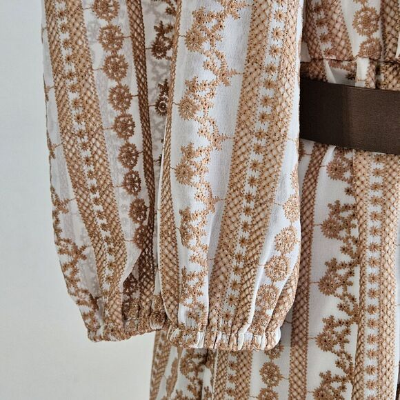 Calvin‎ Klein Women's Cream & Tan Floral Embroidered Belted Faux Wrap Dress S - Picture 5 of 10